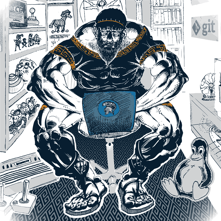 Ink illustration of a Spartan warrior hunched over a laptop, the Odiseo helmet on its screen.
