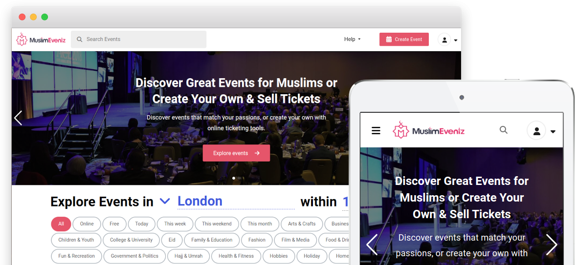 Muslim Eventz — storefront (desktop + tablet)