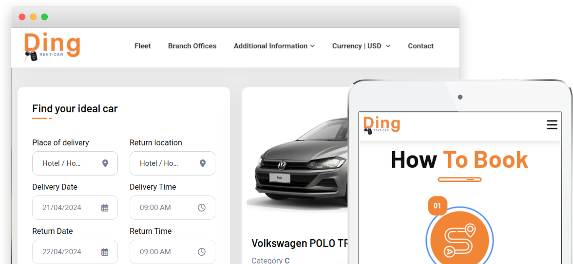 Ding Rent Cars — storefront (desktop + tablet)