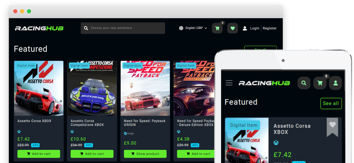 Racing Hub — storefront (desktop + tablet)
