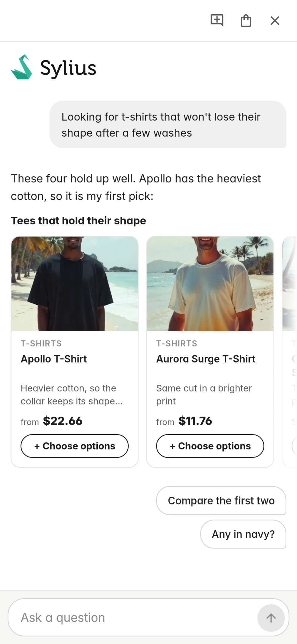 The shop with the shopping agent open. The shopper asks for t-shirts that won't lose their shape after a few washes; the agent answers with one line and a carousel of four t-shirts from the catalog, each with its reason, price and an option button.