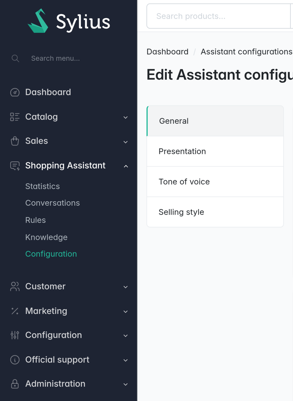 The Sylius admin with the Shopping Assistant menu open (Statistics, Conversations, Rules, Knowledge, Configuration) and the assistant configuration for a channel: general settings, memory, the conversation and memory models, and optional API keys.