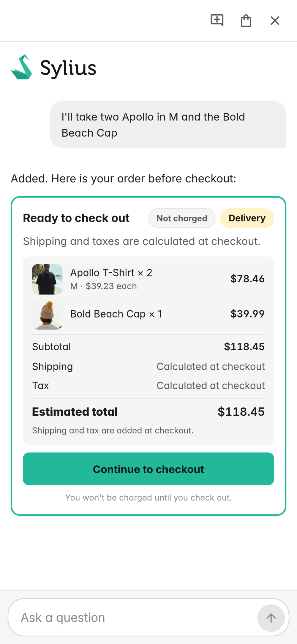 The chat after the shopper asks for two Apollo t-shirts in M and a cap: the agent shows a Ready to check out card with the items, their prices, the subtotal, shipping and tax calculated at checkout, the estimated total and a Continue to checkout button.