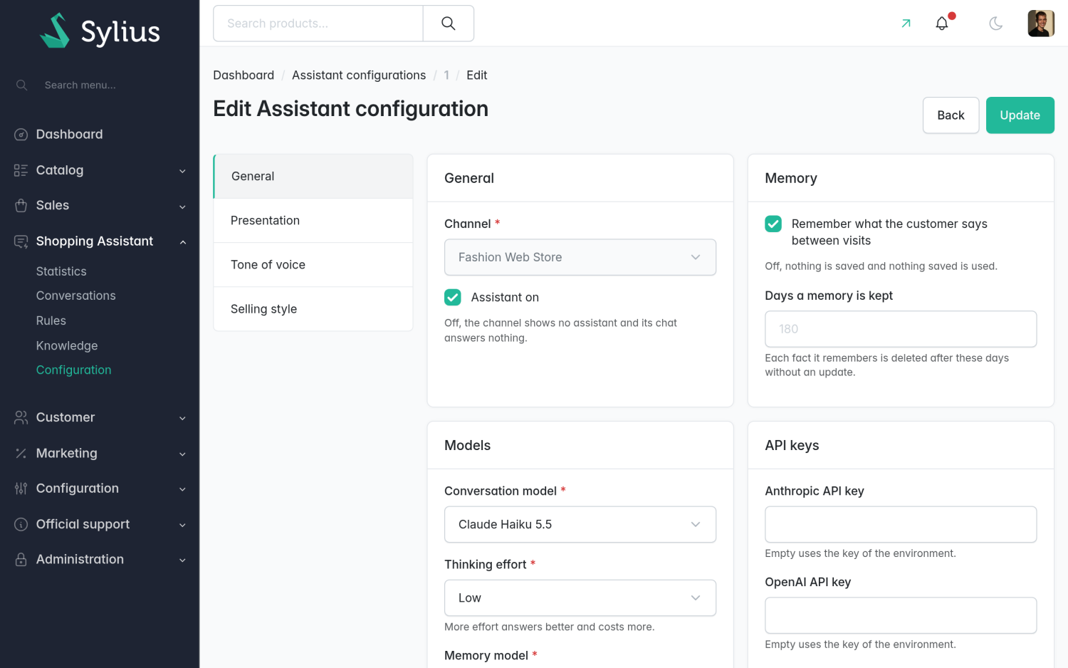 The Sylius admin with the Shopping Assistant menu open (Statistics, Conversations, Rules, Knowledge, Configuration) and the assistant configuration for a channel: general settings, memory, the conversation and memory models, and optional API keys.