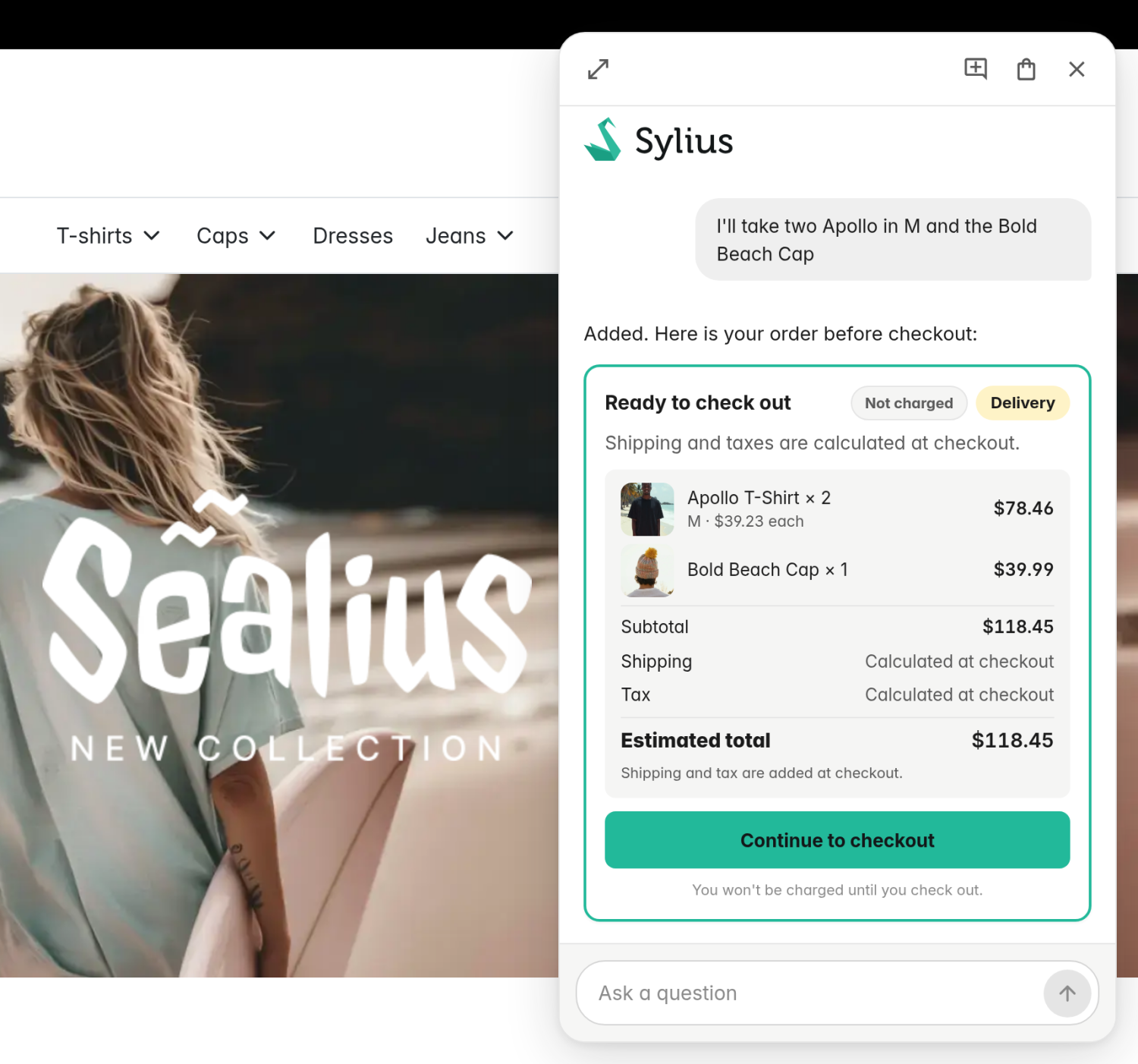 The chat after the shopper asks for two Apollo t-shirts in M and a cap: the agent shows a Ready to check out card with the items, their prices, the subtotal, shipping and tax calculated at checkout, the estimated total and a Continue to checkout button.